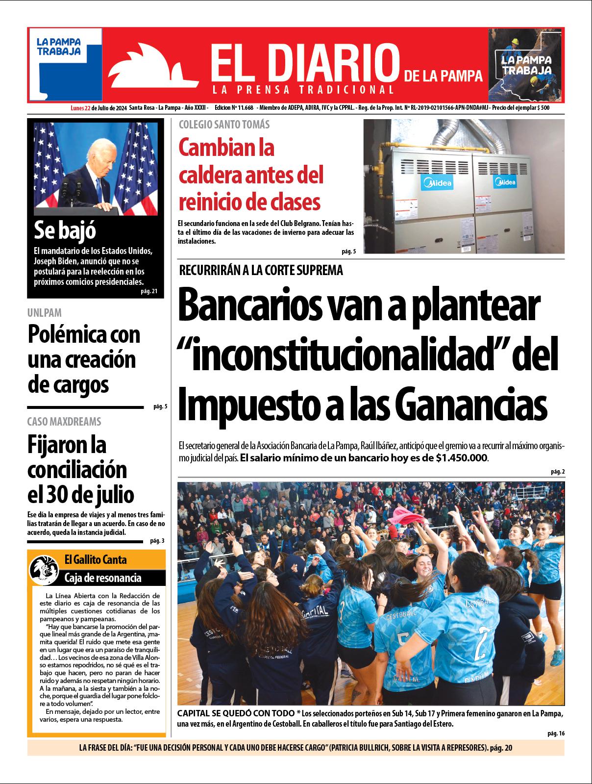 Tapa de El Diario en papel  lunes 22 de julio de 2024